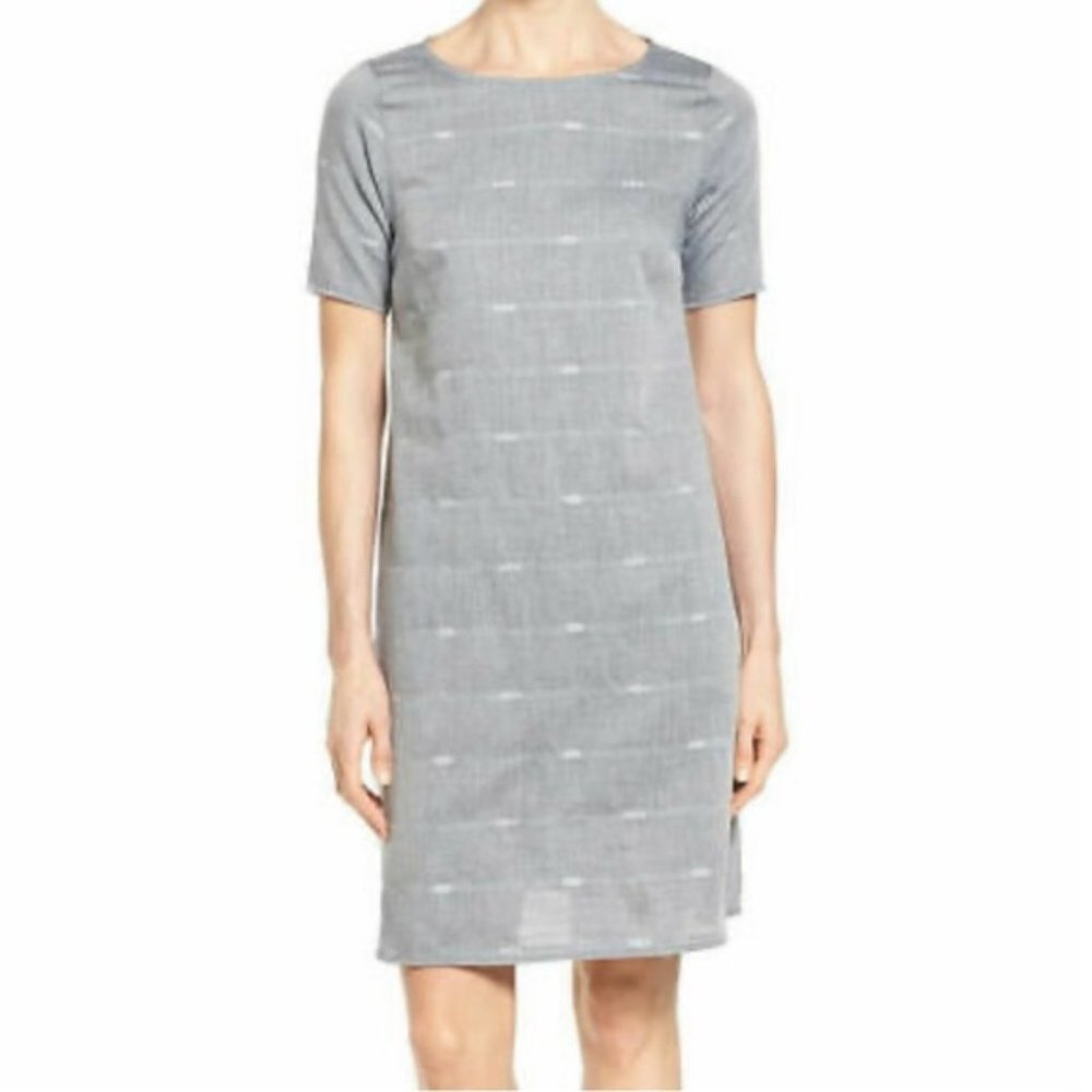 EILEEN FISHER Denim Blue Cotton Nomadic Stripe A-Line Boat Neck Dress